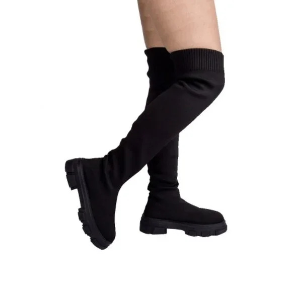 Diona j Shoes Women Fly Knit Thigh High Tall Lug Sole Sock